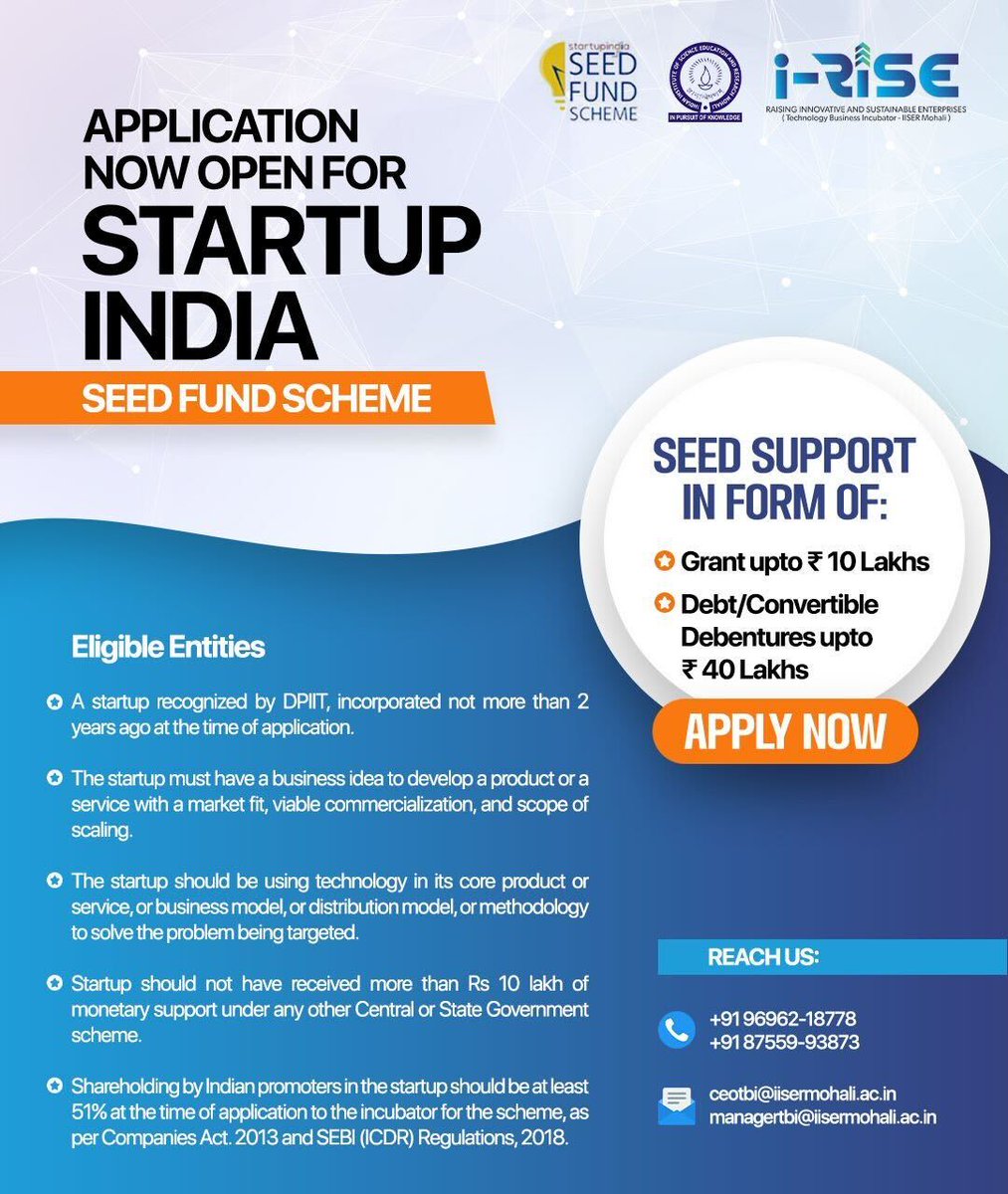 iisermtbi's tweet photo. Calling for aspiring entrepreneurs!

i-RISE TBI Mohali, is accepting applications for Startup India Seed Fund Scheme

Avail the opportunity to access funding!

It's time to unleash your entrepreneurial potential! Don't miss out on this incredible opportunity.

#iisermtbi https://t.co/kHJTfwHa1D