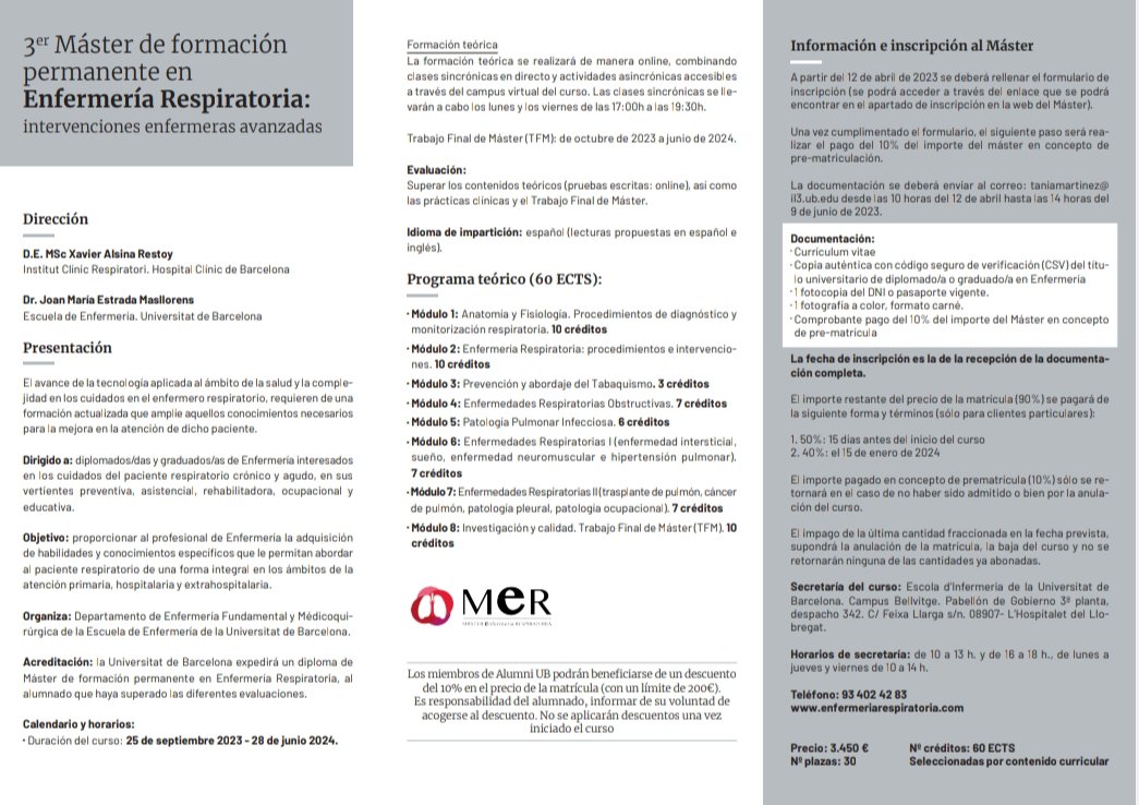 👉Os informamos de la creación de la 3ª edición del Máster de #EnfermeríaRespiratoria que este año se llevará a cabo desde la Universidad de Barcelona.

🎯 Proporcionar habilidades y conocimientos específicos para abordar al paciente respiratorio de una forma integral.

🧵...👇