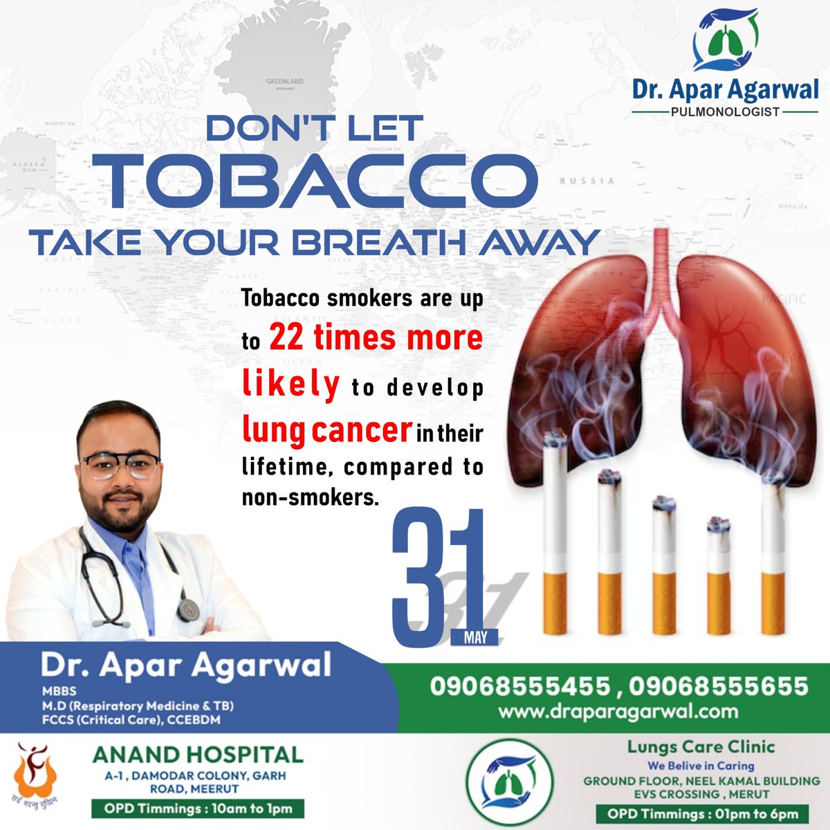 👉𝐖𝐎𝐑𝐋𝐃 𝐍𝐎 𝐓𝐎𝐁𝐀𝐂𝐂𝐎 𝐃𝐀𝐘🚭
DON'T LET TOBACCO TAKE YOUR BREATH AWAY

#DrAparAgarwal #lung #health #medical #medicine #lungcancer #asthma #lungdisease #pulmonary #lungs #respiratorycare #WorldNoTobaccoDay #nosmoking #quitsmoking