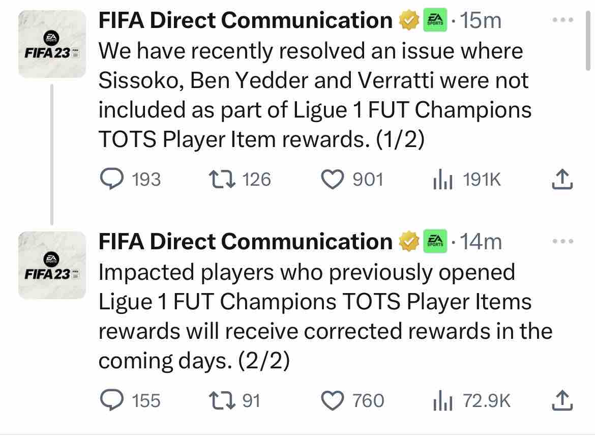 Har man åbnet WL player picks med Ligue 1 TOTS fra denne weekend League, så vil man modtage en ny omgang, da EA har glemt at putte Sissoko, Ben Yedder og Veratti i dem.