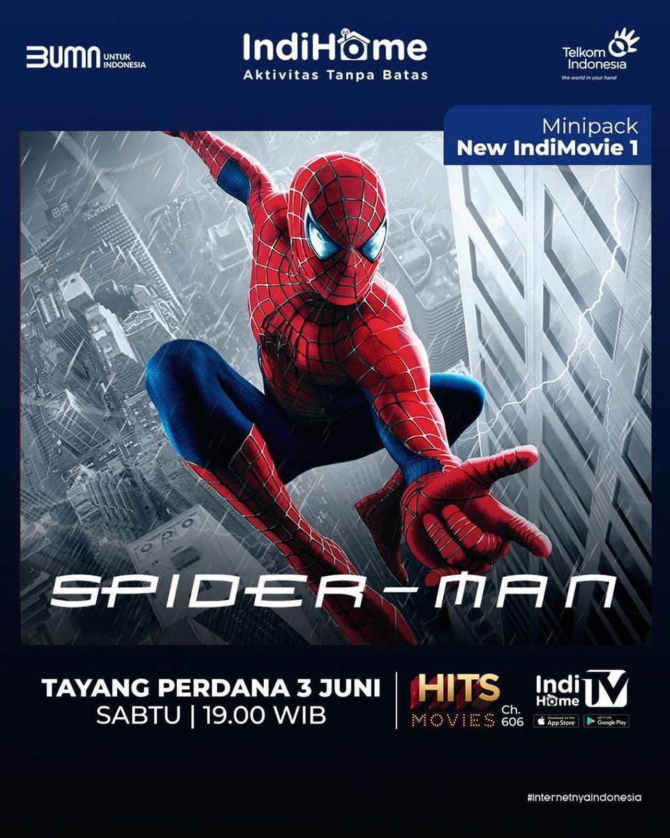 Jelasawan's tweet photo. Saksikan Spiderman di Channel HITS Movies pada layanan IndiHome TV dengan aktifkan minipack New IndiMovie 1. Nikmati akses streaming melalui aplikasi IndiHome TV &amp; https://t.co/VImbnib5dW login dengan akun myIndiHome?
#AktivitasTanpaBatas #TinggalPilihNontonBareng #Spiderman https://t.co/1TMokEPdg2