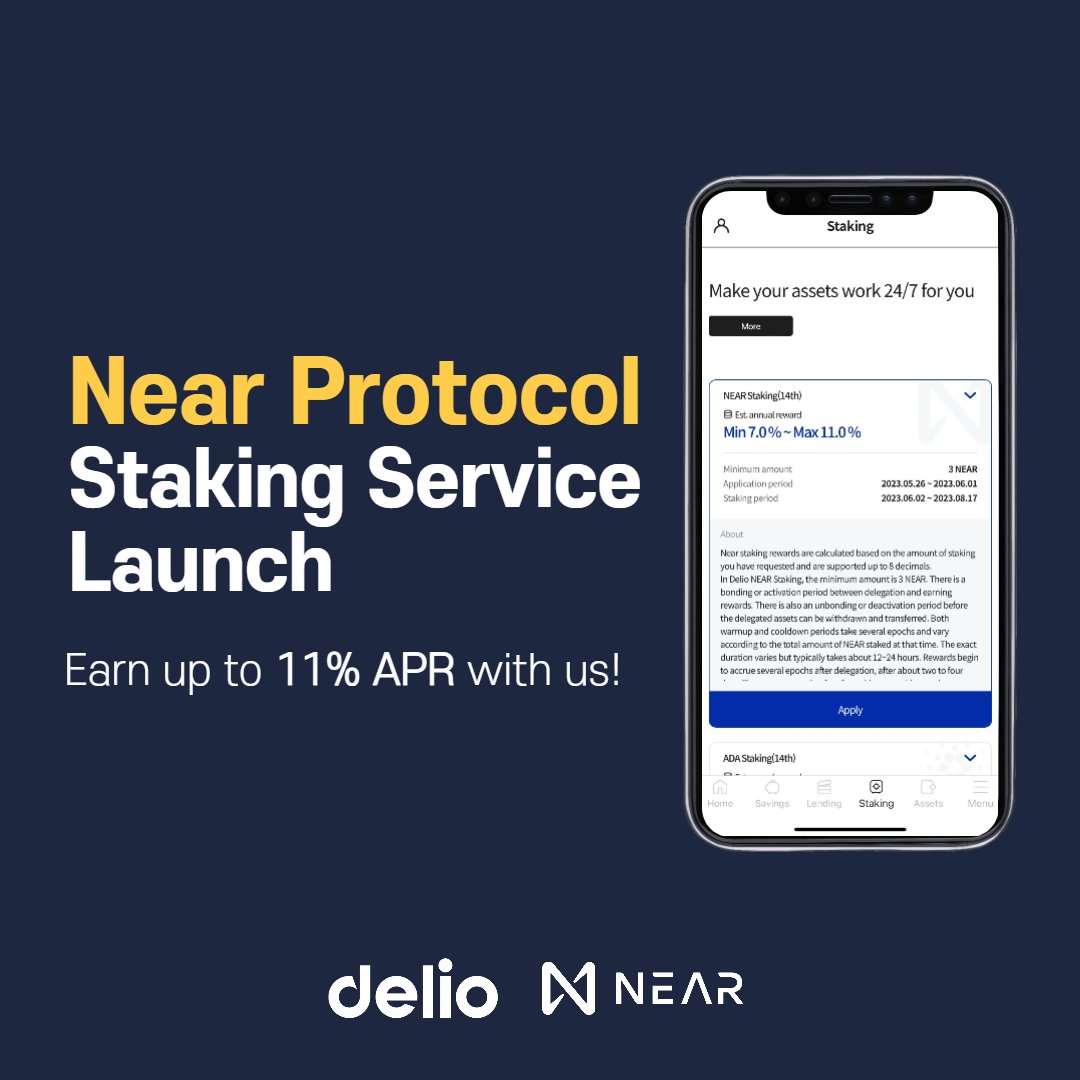 Supercharge your earnings with Delio Global's Near Protocol Staking Service! 🚀

🏆 APR: Up to 11.01% 
🗓️ Application period: weekly
⌛️ Staking period: bimonthly

🔗 Start $NEAR Staking: delio.global/staking

#DelioGlobal #NEAR #NearProtocol #Staking #StakingRewards