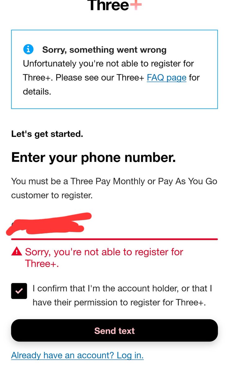 DonnaKnight2011's tweet photo. @ThreeUKSupport I'm trying to register for the three + app but I get this error. I am on contract and not a business customer.  The live chat person was very unhelpful and told me try again another time. https://t.co/xv4x2oOUIO