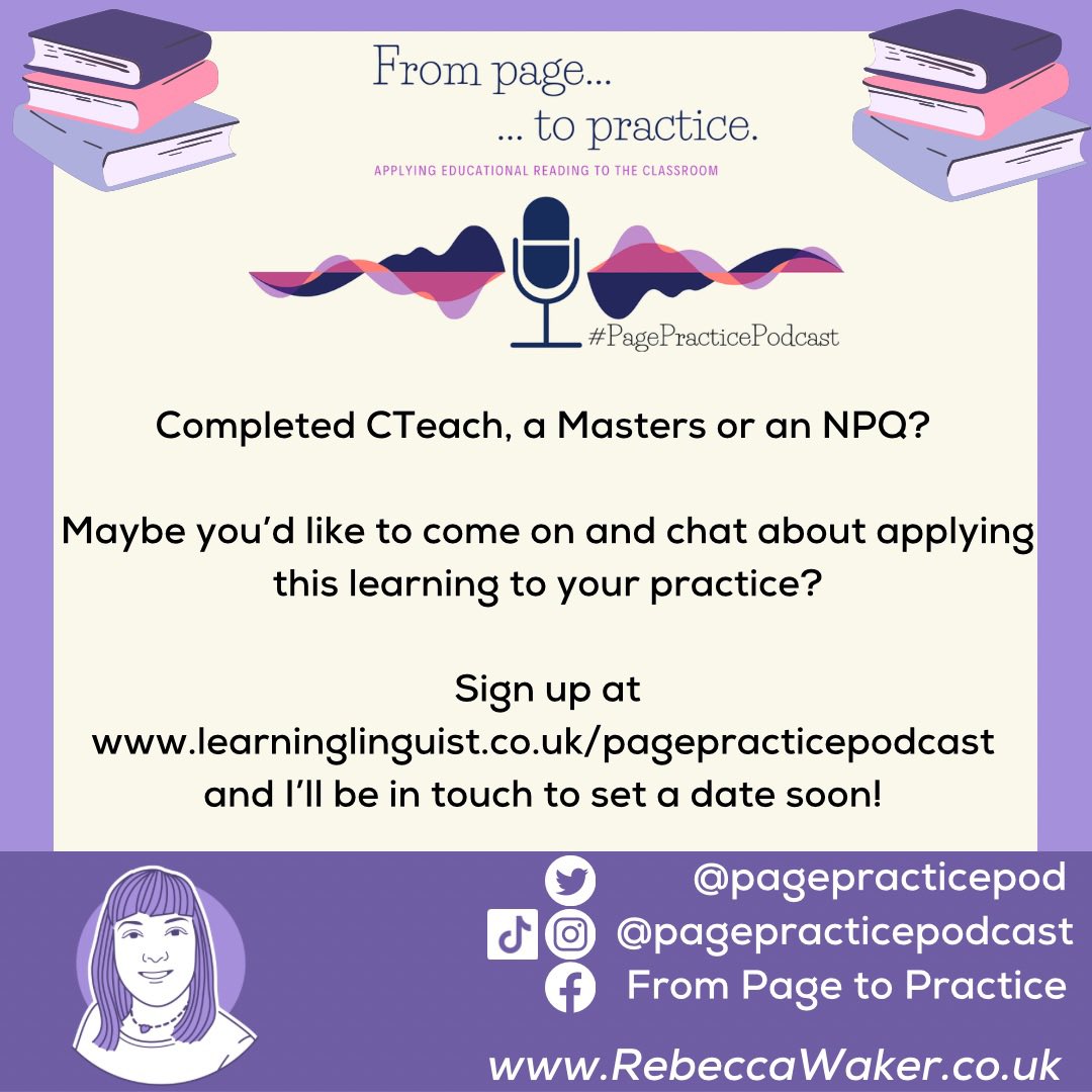 There are 6 great conversations in the bank with even more coming over the next month or two.

If you like chatting about CPD, edubooks, edupodcasts or teacher development of any other kind let me know! 

learninglinguist.co.uk/pagepracticepo… #pagepracticepodcast