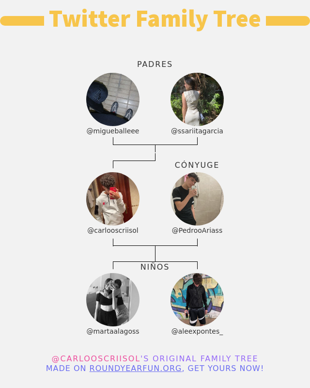 👨‍👩‍👧‍👦 Mi Familia de Twitter:
👫 Padres: @migueballeee <a href="/ssariitagarcia/">sara garcía</a>
👰 Cónyuge: <a href="/PedrooAriass/">Bomber</a>
👶 Niños: <a href="/martaalagoss/">martita</a> @aleexpontes_

➡️ anyplacehere.me/twitterfamily?…