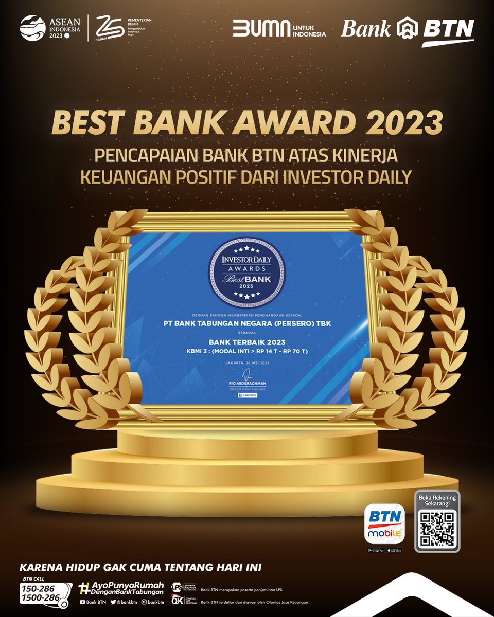 bankbtn's tweet photo. Sahabat BTN, 

Bank BTN berhasil raih penghargaan sebagai Best Bank Award 2023 berkat pencapaian Kinerja Keuangan Positif dari Investor Daily pada Jumat, 26 Mei 2023. https://t.co/MljbEXgHDB