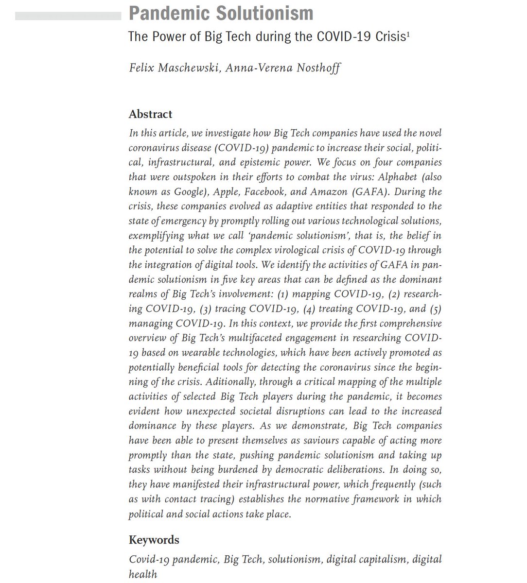 AnnaNosthoff's tweet photo. Happy to share our (w. @fmaschewski) recent paper “Pandemic Solutionism: The Power of Big Tech during the COVID-19 Crisis “, which was just published in a special issue of Digital Culture &amp; Society (Coding Covid-19: The Rise of the App Society): https://t.co/8elSxdeoLI A thread🧵 https://t.co/eOYjdZQ2PO