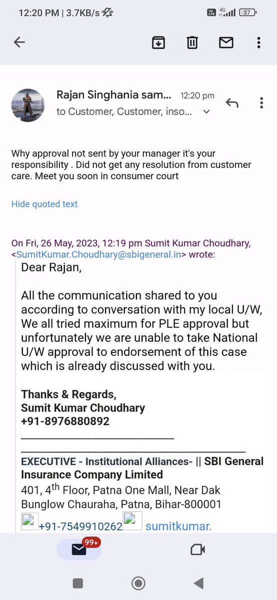 kumarajan95's tweet photo. @sbigeneral @SBILife @SBI_FOUNDATION @TheOfficialSBI @sbi
Dear Team 
Got a policy from your employee in which cheated me clearly by entering others vehicle RC details raised complain on mail didnot get reply from senior end 
Policy number - P01090123919160
@irdaindia https://t.co/zIj63fKBOG