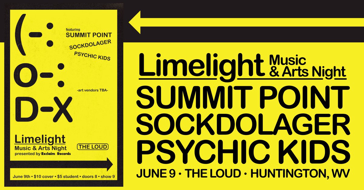 There's truly something for everyone at this month's Limelight Music &amp; Arts Night presented by <a href="/exclaimrecs/">Exclaim Records</a> on 6/9 😏 This time around we've got Summit Point, <a href="/sockdolagerband/">socky d</a>, and Psychic Kids! Art vendors TBA! 

Tickets available online or at Orbit's Record Shop!