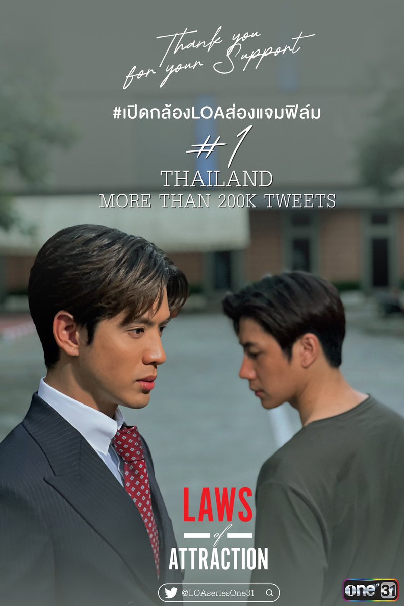 Thank you for your Support
#เปิดกล้องLOAส่องแจมฟิล์ม 
No.1 Twitter Trending Thailand | More than 200K tweets

#LawsofAttraction #ช่องวัน31