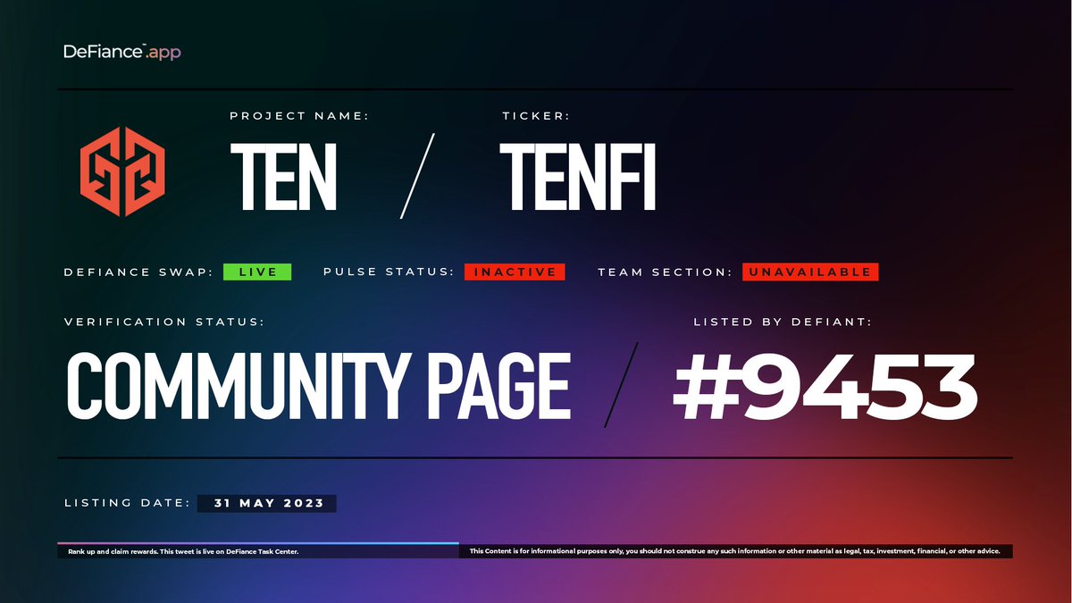.@TENfinance community page is now live on DeFiance.app/project/Ten. $TENFI is now listed on #DeFianceSwap. Token Enrichment Network is the next generation of Decentralized Finance, SIMPLIFIED & powered by BNB Chain. Learn more at: users.DeFiance.app. #TENFI #DeFianceApp