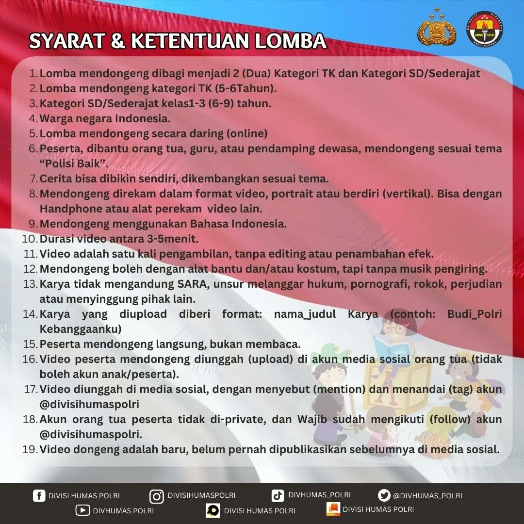 Halo Sobat Polri !!!
Menjelang Hari Bhayangkara ke-77

Pendaftaran dimulai tanggal 29 Mei sampai 15 Juni 2023 dan Segera daftarkan diri kalian di website: tribratanews.polri.go.id dan jadilah pemenang!!

Memperebutkan Total Hadiah Ratusan Juta Rupiah !!