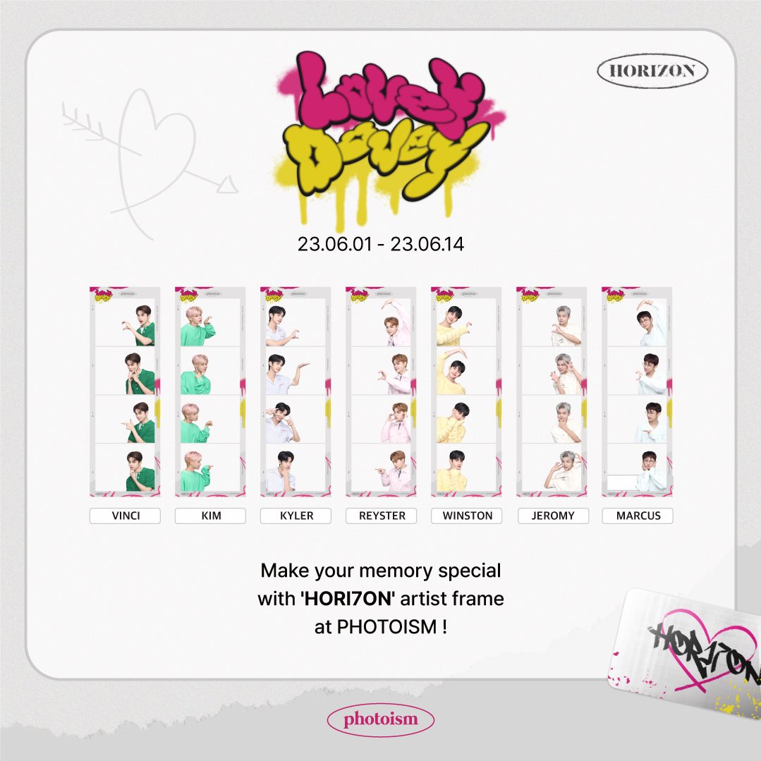 photoism_ph's tweet photo. PHOTOISM X HORI7ON
ARTIST FRAME COMING SOON !

The <HORI7ON> artist frame will be released on photoism to celebrate the release of their digital single album ‘Lovey Dovey'.

Please visit and take photos with <HORI7ON> artist frame.

▪ PERIOD : June 1 - June 14 https://t.co/IOQlGb8qbv