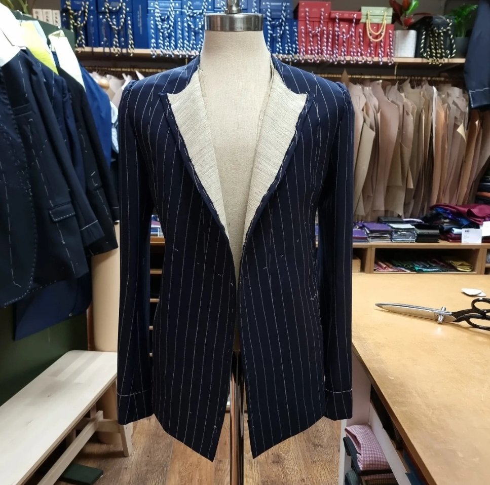 Full Bespoke 2-Piece made from a 12oz navy chalkstripe.

Cut by and for Luke as part of his new uniform. Details include peaked lapel, square edges and will be worn with brace topped trousers.

Made entirely by our hands in our workrooms in the City of Hull.

#madeinhull