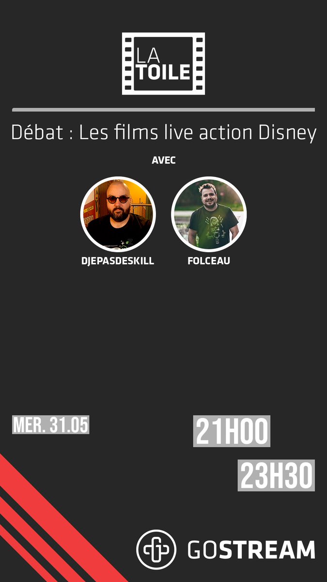 👀 Dans un instant sur GoStream…
📝 C’est l’heure de #LaToile ! @DjePasDeSkill et @Folceau vous attendent pour débattre à propos des films live action Disney !  
➡️ twitch.tv/gostreamfr