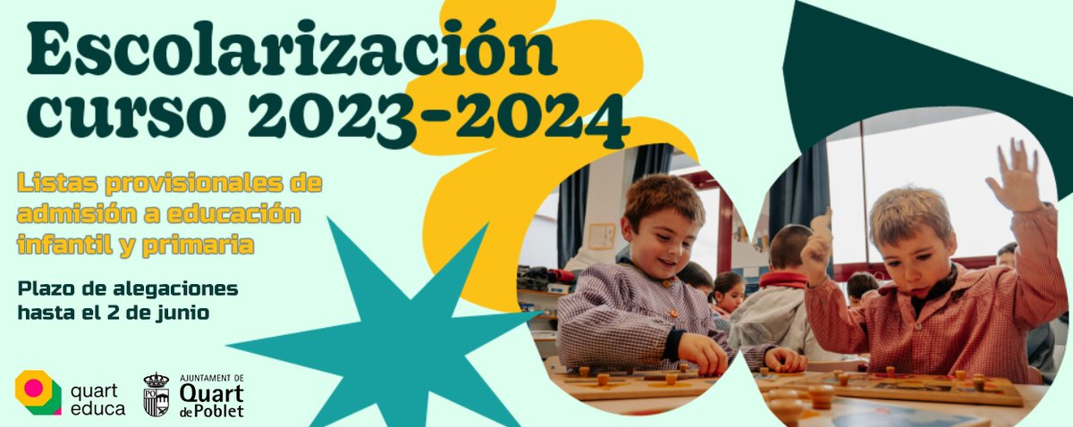 👉Ja estan publicades les📋llistes provisionals d'admissió a educació infantil i primària: portal.edu.gva.es/telematricula/… 

Hi ha opció de realitzar al·legacions fins al 2 de juny en el següent enllaç: portal.edu.gva.es/telematricula/…

#quarteduca <a href="/quartdepoblet/">Quart de Poblet</a> #Quartdepoblet
