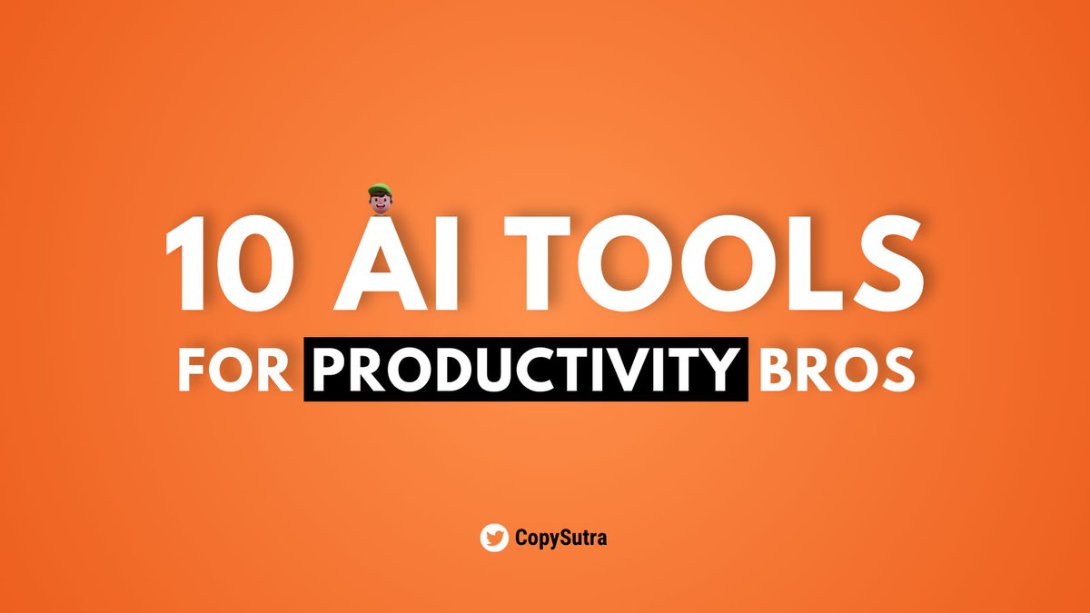 CopySutra's tweet photo. Top 9 AI Tools For Productivity Bros: 

1.  https://t.co/ugbdb1kubB: AI website (wp) generator  

2. https://t.co/DGfYxho3Ty: AI tool aggregator

3. https://t.co/rBmabV8bH6: AI article summarize

4. https://t.co/0GPxgxK8LW: AI photo enhancer

5. https://t.co/pjfn1Emd9m: AI SEO writer  

6. https://t.co/0yD2mCE8F1: AI time tracker

7. https://t.co/CLQhWdujIa: AI transcription service

8. https://t.co/NheeUjRmE6: AI landing page generator

8. https://t.co/PjH5EDh1vo: AI vector illustrations

8. https://t.co/0W54vtVsu0: AI video generator

Have you tried any of them? Comment below ⬇️

LFG!