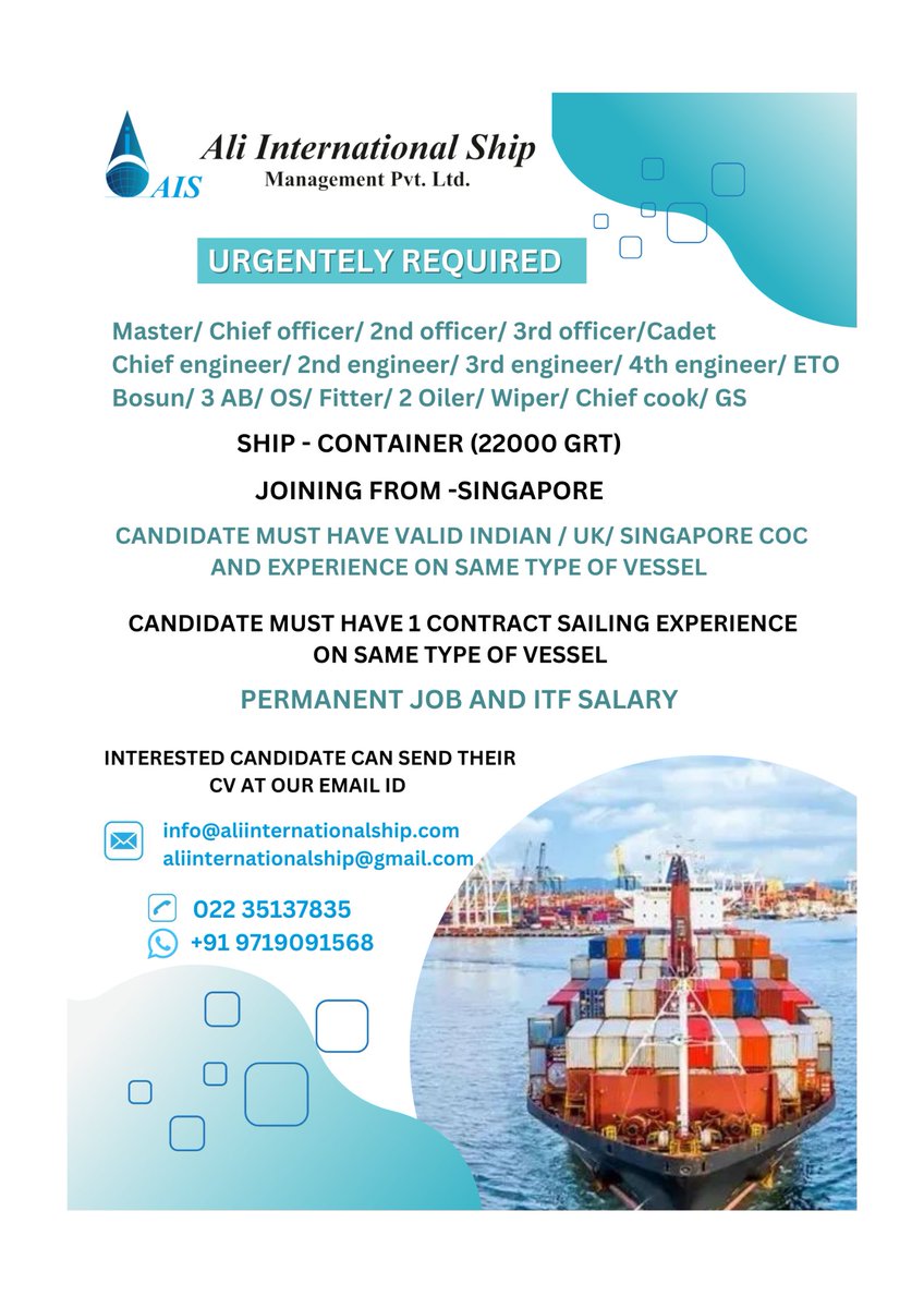 #shipping #jobvacancy #jobalert #Seafarer #Seafarers #jobsearch #jobopportunity #hiringnow #shippingjobs #ShippingWorldwide #ShipLife #Sailorslife #Marine #Seaman #Sailor #Crew #Ship #Sea #maritimeindustry #ShippingIndustry #Requirements #maritimezone #seekmerchant #merchantnavy