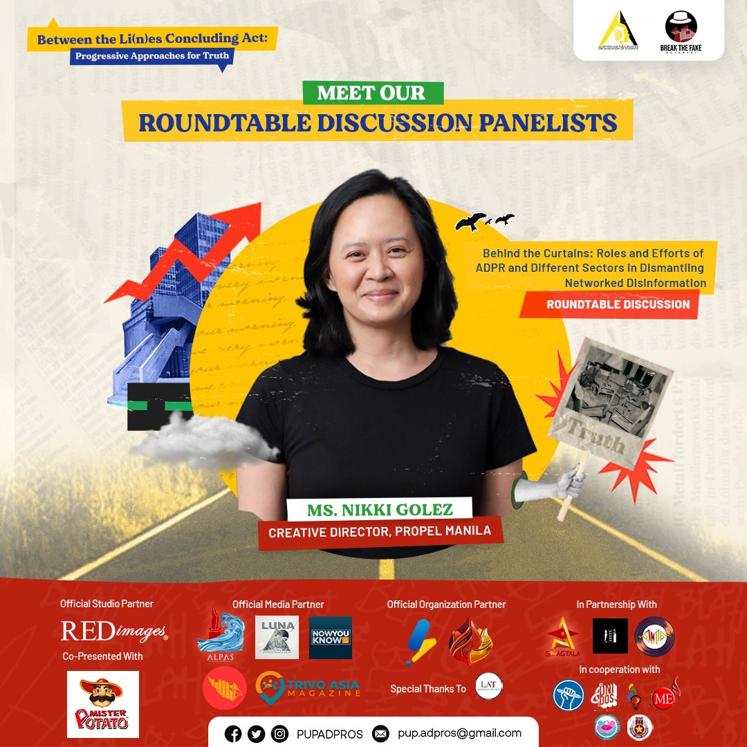 PUPADPROS's tweet photo. Meet the first batch of panelists who will discuss the roles and efforts of ADPR and different sectors in dismantling networked disinformation.  

Register here! https://t.co/B9Tz6Hdex5  
#BTLConcludingAct 
#ADPROSxBreakTheFake 
#CriticalADPR
✍️: Hazel Openiano
🎨: Hannah Manalo https://t.co/H1YZbJuEeq