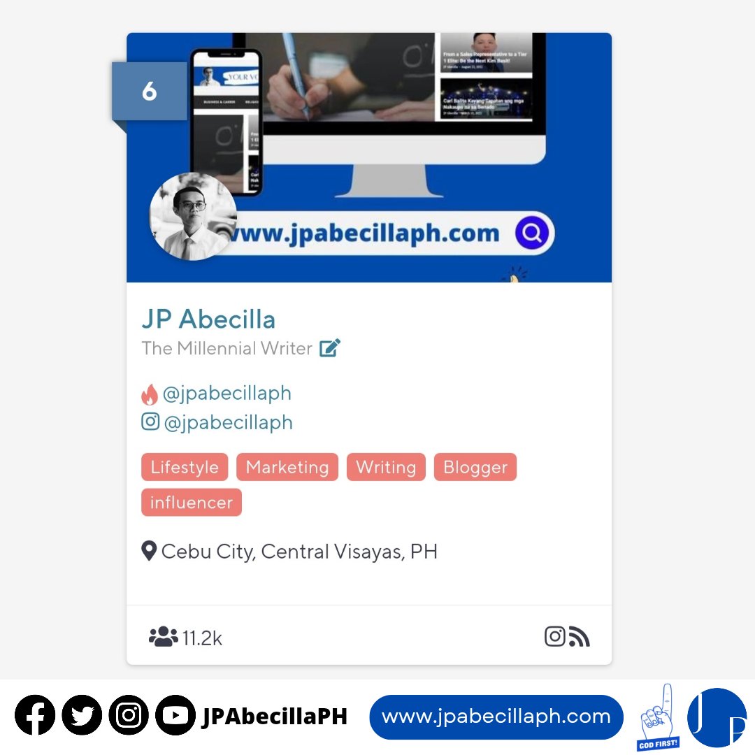 JPAbecillaPH's tweet photo. Can I hear your congratulatory support?
JP Abecilla is now in the Top 6 among the 246 #CebuBloggers and #Influencers listed at https://t.co/GVBtOxnT0E!๐
Thank you for my avid followers and Top Fans! God bless you all.๐
#CebuBlogger
#JPAbecillaPH
#MillennialWriter
#YourVoiceOnline
#FilipinoInfluencer
Source: https://t.co/l9P714ZwIG
