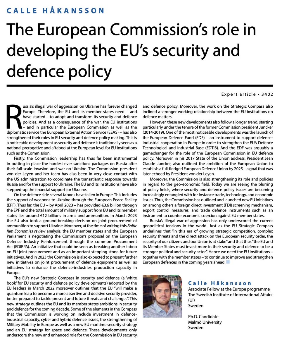 I have a new short piece on the Commission's role in EU security and defence policy out for Baltic Rim Economies. #EUdefence → centrumbalticum.org/files/5699/BRE…