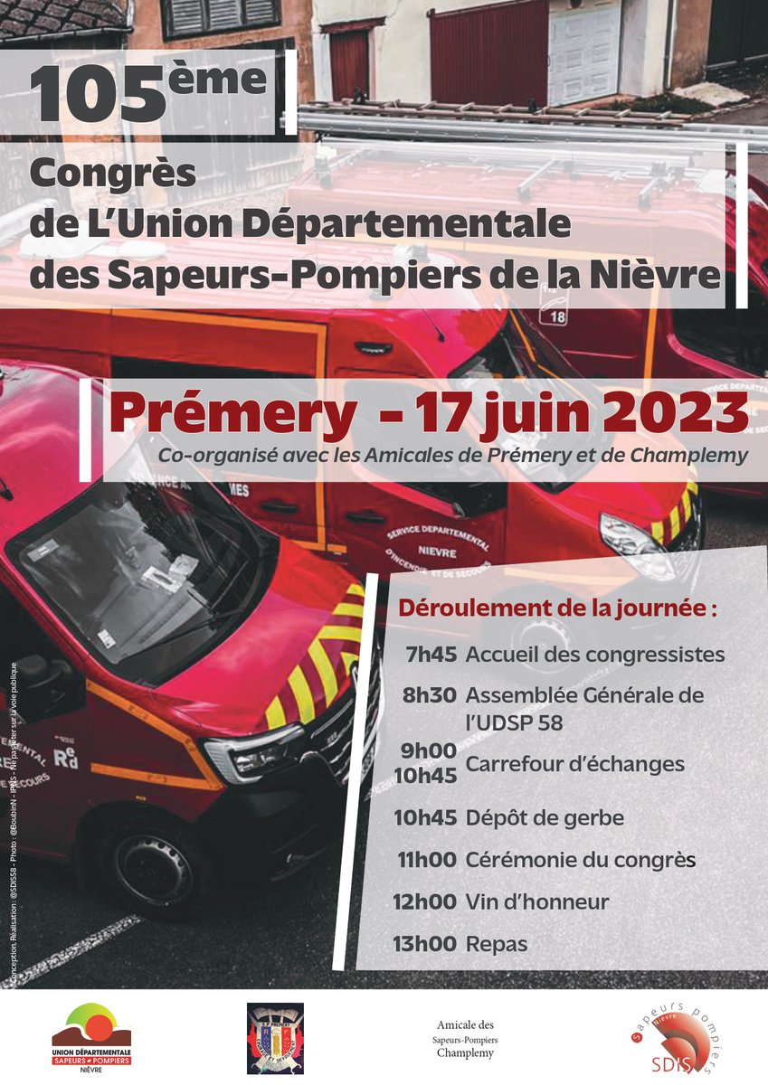 [#ÀVosAgendas 📆]

📢 SAVE THE DATE ! Le rendez-vous est donné, samedi 1⃣7⃣ juin 2023 à Prémery, pour le 1⃣0⃣5⃣e Congrès de l'Union départementale des sapeurs-pompiers de la Nièvre @UDSP58 !

Le programme de la journée 👇👇👇