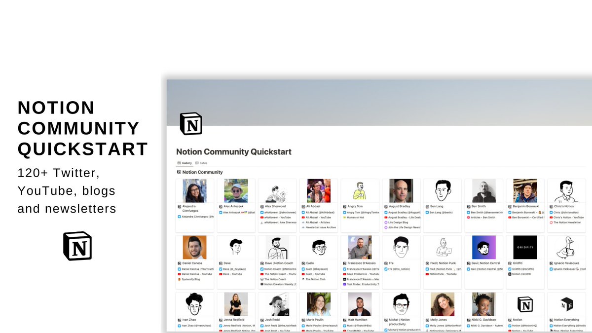 🚨 LAUNCH ANNOUNCEMENT 🚨

Notion Community Quickstart is now live!

I've compiled 120+ Twitter, YouTube, blogs, &amp; newsletters so that anyone can immerse themselves in the Notion community instantly!

To get it for FREE :

- Follow me <a href="/NotionCent/">Gavi | Notion Central</a> 
- Like &amp; RT
- Comment “Notion”
