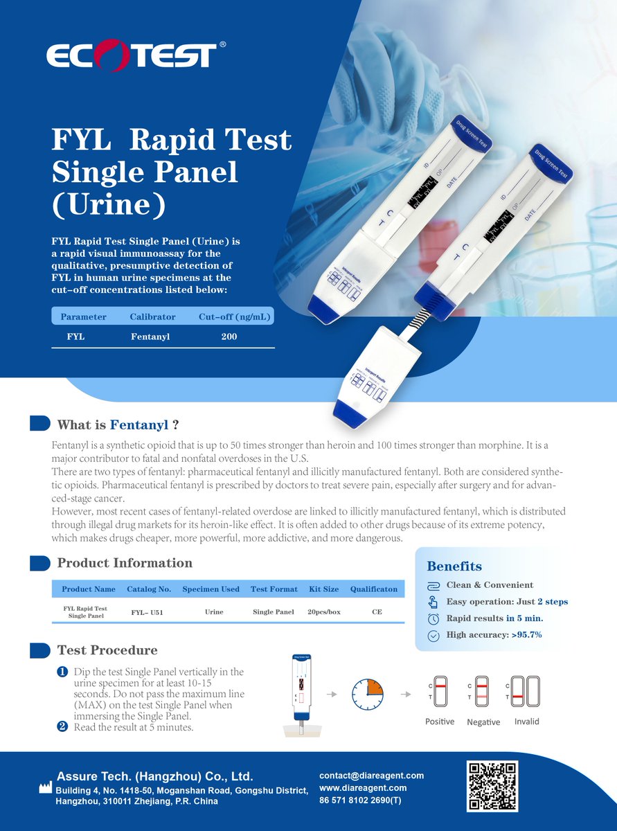 9CZNsRqirBrZyAa's tweet image. 【FYL Rapid Test Single Panel (Urine)】
☑️Clean & Convenient
☑️Easy operation: Just 2 steps
☑️Rapid results in 5 mins
☑️High accuracy: >95.7%
#fentanyl #rapidtest #fasttest #ecotest #easyoperation #assuretech