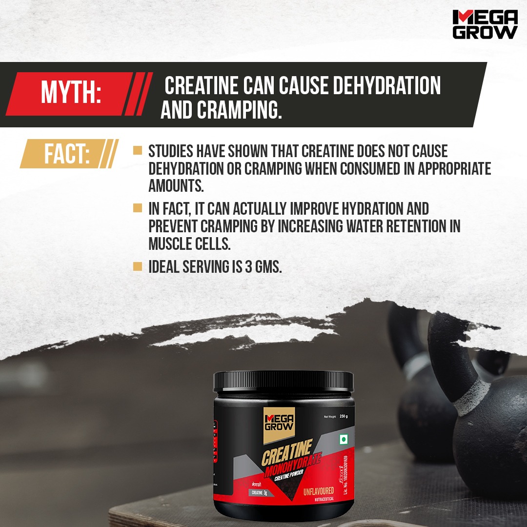 Debunking the Myth - Creatine Won't Leave You High and Dry! 👎🏻

Studies Show That Creatine Can Actually Improve Hydration and Prevent Cramping by Increasing Water Retention in Muscle Cells.💧
#BanaaApniPechaan
#Megagrow #GymSupplements #FitnessFuel #StrengthAndPower #MuscleGains
