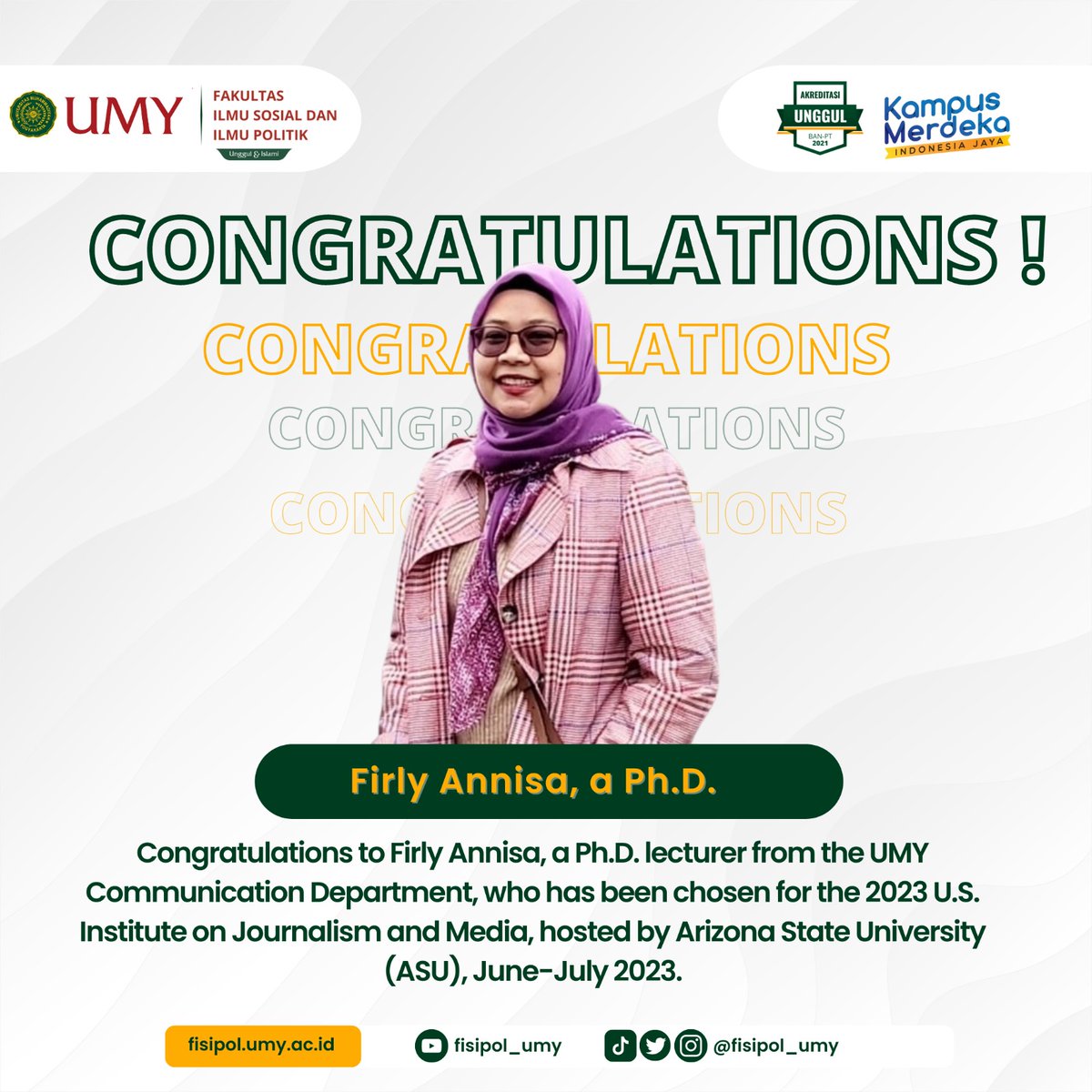 Yay! Selamat untuk Ibu Yeni Rosilawati dan Ibu Firly Annisa yang berhasil mendapat kesempatan luar biasa🤍 Mahasiswa Fisipol siap menerima ilmu dan pengalaman nya nih✨️