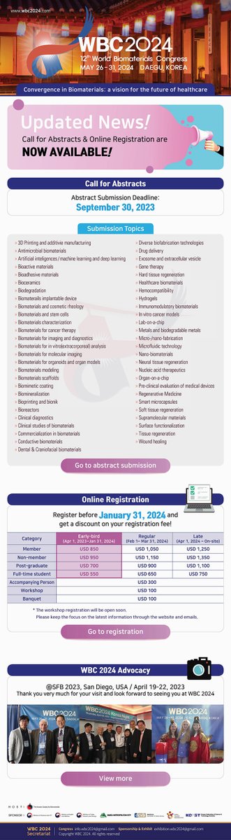 Call for Abstracts & Online Registration are NOW AVAILABLE!

◆ Call for Abstracts: wbc2024.com/index.php?GP=p…
◆ Online Registration: wbc2024.com/index.php?GP=r…

#WBC2024 #KSBM #IUSBSE #Biomaterials #callforabstract #Registration #Daegu #Korea