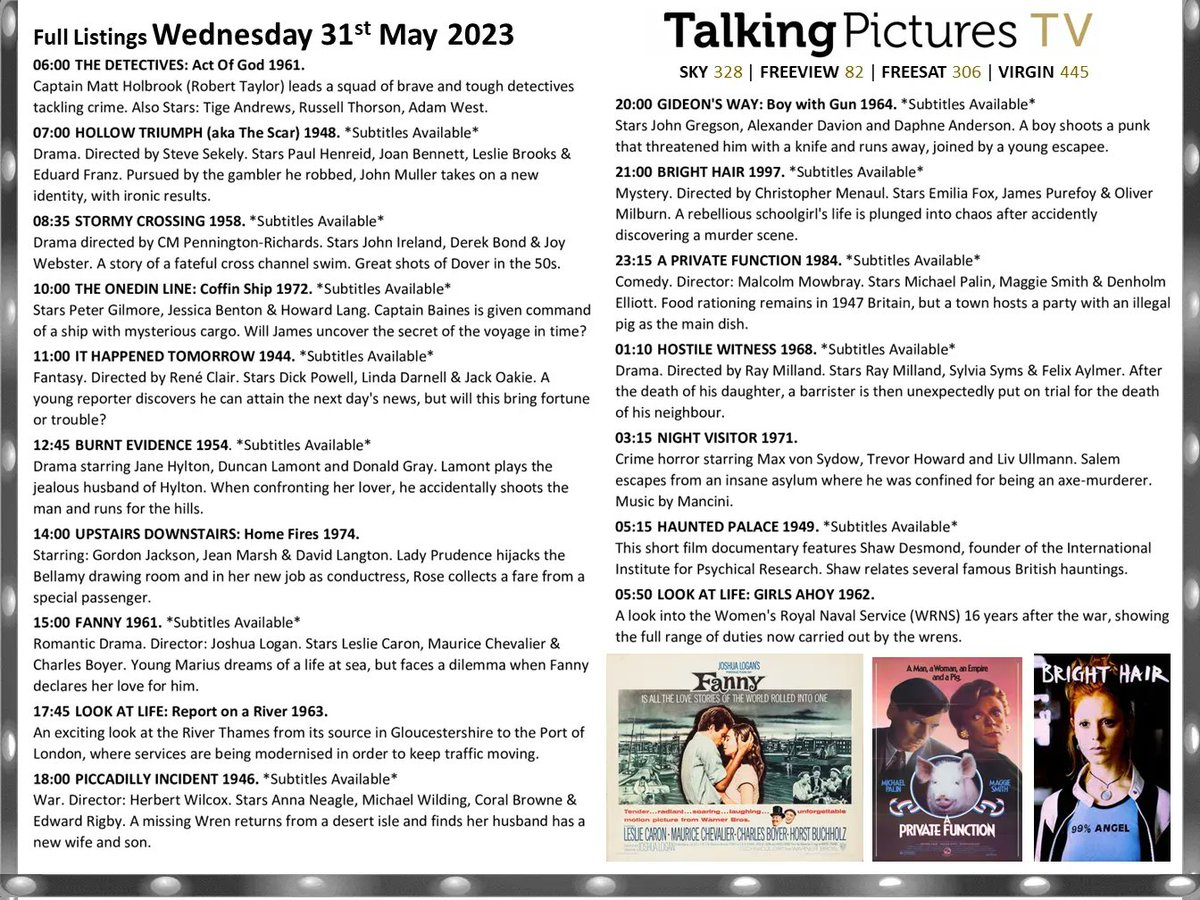 Full listings for today, Wednesday 31st May, on #TalkingPicturesTV