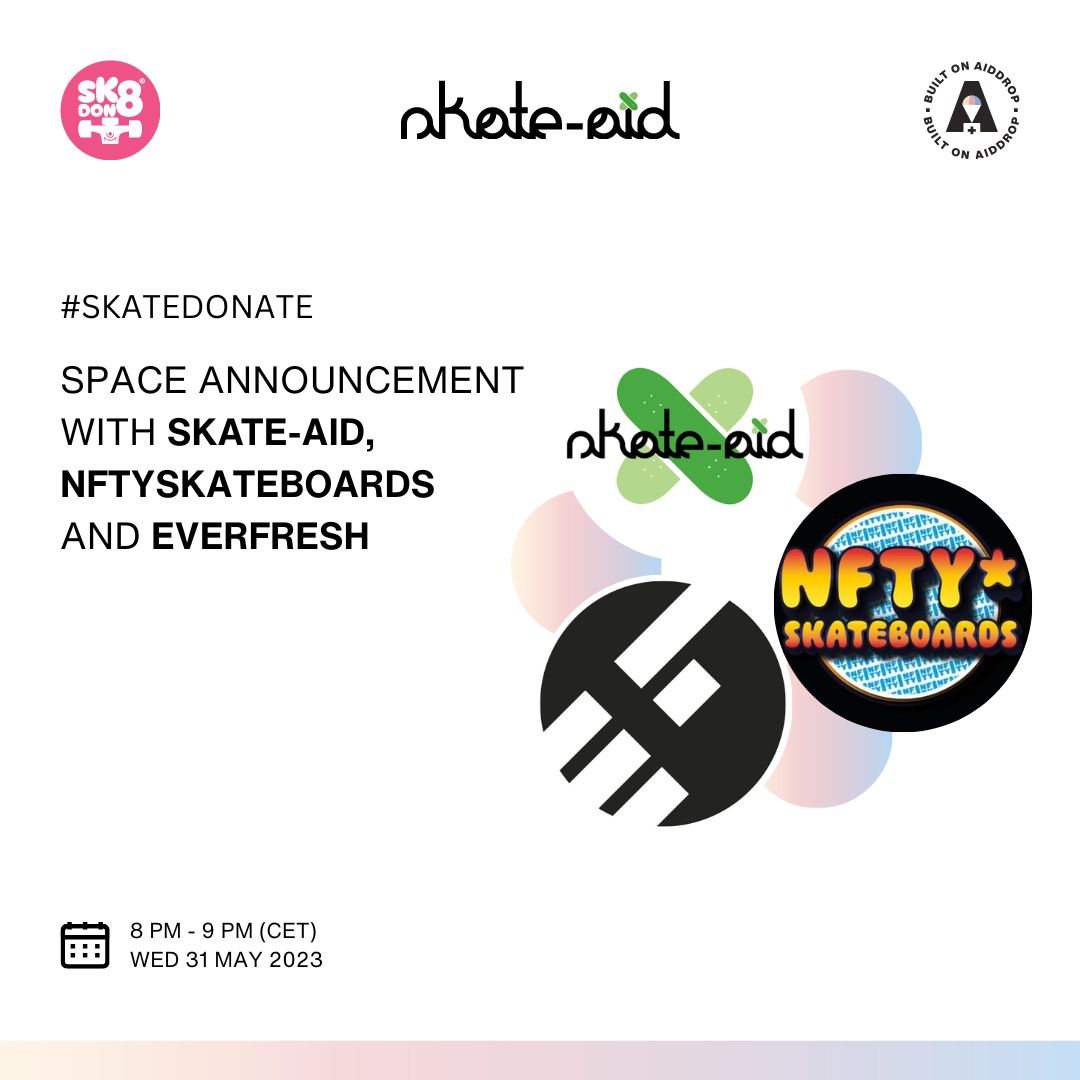 gm gm ☀️☕️

Join us today!

x.com/i/spaces/1OyKA… 
"Get ready for some awesome discussions, skate vibes, and a chance to connect with <a href="/skateaid/">skate-aid</a> ."

🛹💚 #skatedonate #builtOnAiddrop
<a href="/nftyskateboards/">nftyskateboards.eth🛹❤️</a>
@patrickcandoit
<a href="/everfreshdesign/">everfresh</a> 
<a href="/aiddrop_team/">Aiddrop</a>