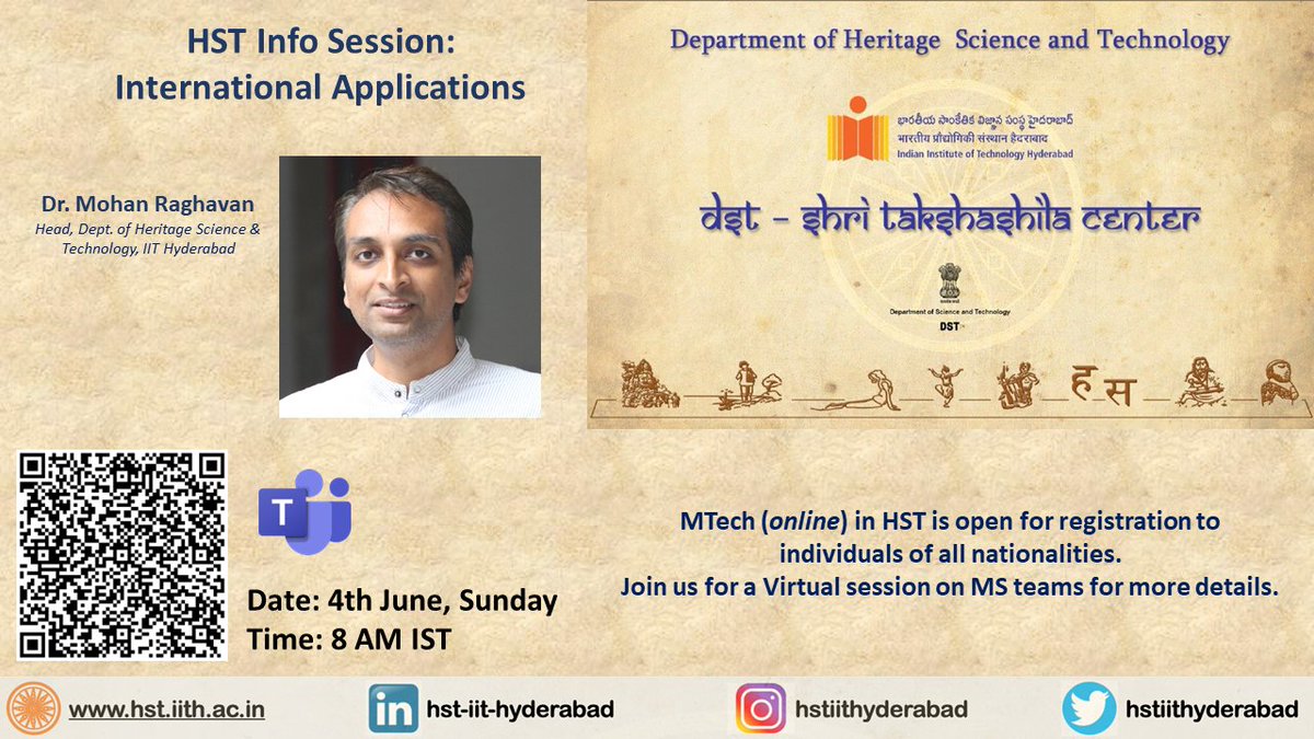 Heritage Science & Technology @ IIT-Hyderabad (@hstiithyderabad) on Twitter photo 📢MTech in Heritage Science & Technology (online) <a href="/IITHyderabad/">IIT Hyderabad</a> is now open for registration to individuals of all nationalities! Don't miss out on info session with Dr.<a href="/MohanRaghavan8/">Mohan Raghavan</a> this Sunday, June 4th!
#onlinemtech #iithyderabad #tech #MastersProgram 📢MTech in Heritage Science & Technology (online) <a href="/IITHyderabad/">IIT Hyderabad</a> is now open for registration to individuals of all nationalities! Don't miss out on info session with Dr.<a href="/MohanRaghavan8/">Mohan Raghavan</a> this Sunday, June 4th!
#onlinemtech #iithyderabad #tech #MastersProgram
