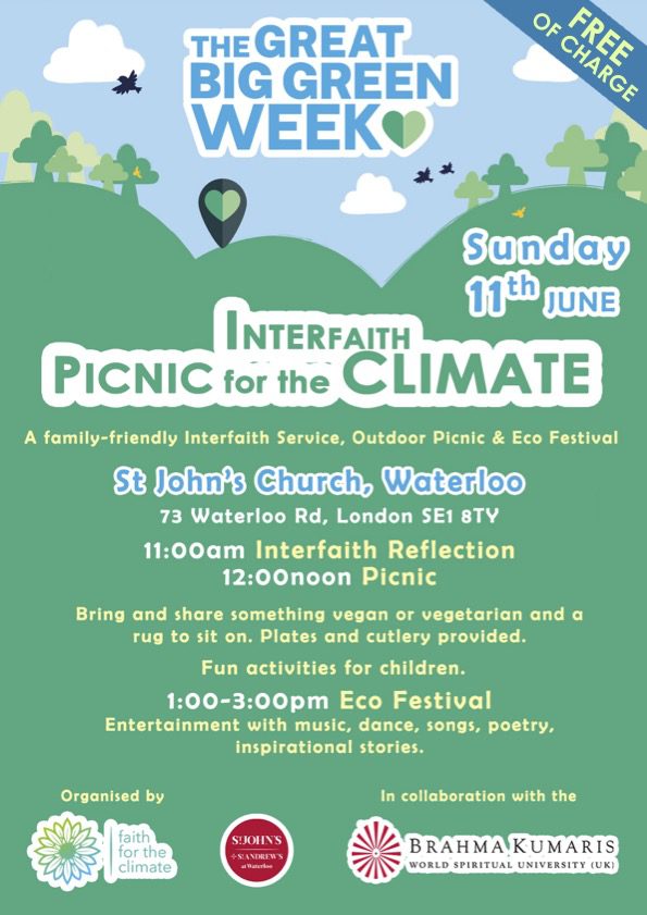 <a href="/fftcnetwork/">Faith for the Climate Network</a> <a href="/BrahmaKumaris/">Brahma Kumaris</a> <a href="/SouthwarkCofE/">Southwark Diocese</a> Bring your picnic blanketto @stjohnswaterloo on Sunday 11th June from 11am to be part of an Interfaith Picnic for the Climate! Join your community for an #ecofestival #outdoorpicnic &amp; #interfaithservice as part of the #GreatBigGreenWeek