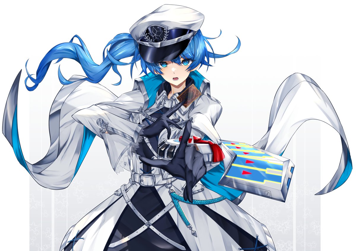 blue hair 1girl hat blue eyes gloves solo white coat  illustration images