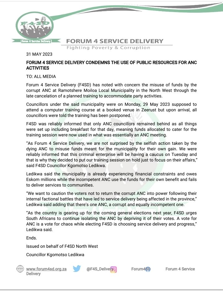 F4SD cautious the voters not to return the cirrupt ANC into power come 2024.