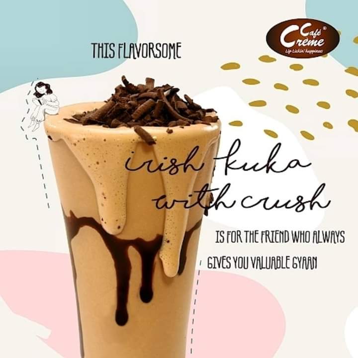 Enjoy Irish Kuka with Crush at nearest outlet of Cafe Creme. 

 #KUKA | #Pune | #NaviMumbai | #PuneFoodies | #Foodies  | #Foodstagram |  #ChocolateShakes | #FruitShakes | #ChocoShots |#browni | #Mastani | #Junket | #Mango | #MangoMastani | #Mangofestival