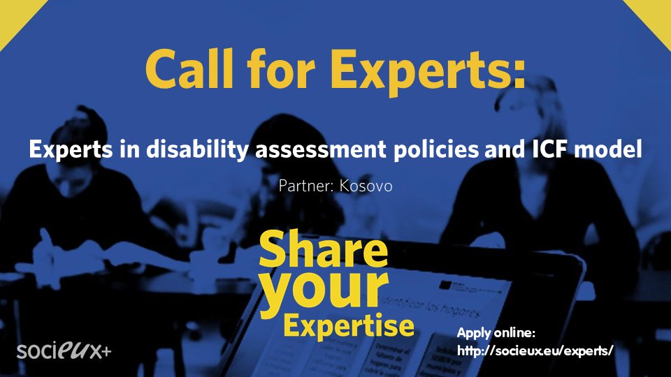 SOCIEUXplus's tweet photo. #SOCIEUX+ is looking for experts in #disability assessment policies, with knowledge of the International Classification of Functioning, Disability and Health (#ICF) model, for a new #cooperation in #Kosovo.

Check out the details and apply by 06/06/2023!
https://t.co/IISt1ds8Zg https://t.co/r8QM8d3WCB