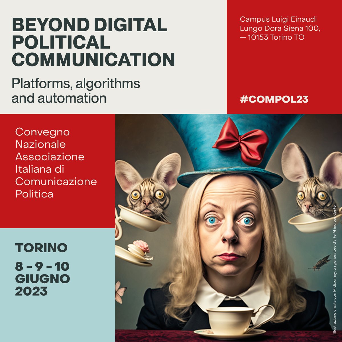 AssoComPol's tweet photo. Siamo pronti! 8-9-10 giugno il #CampusEinaudi di @unito ospiterà il Convegno Annuale #AssoComPol “Beyond digital political communication. Platforms, algorithms, and automation”
Vi aspettiamo a #Torino per #compol23
➡ https://t.co/BsPtCBOEbs https://t.co/EnoCeBlGTG
