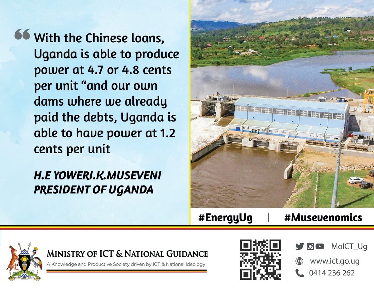 Sourcing a Chinese loan for Uganda to be able to generate to produce 14mw at 4.7 cents per unit where the power will be shared equally between the sister countries.
#Musevenomics 
#EnergyUg
@DMU_Uganda