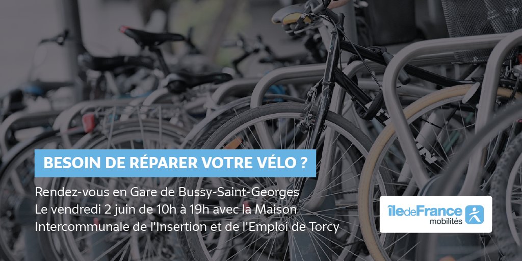 A la veille de la Journée mondiale pour le vélo, <a href="/TransdevIDF/">Transdev Île-de-France</a>  propose sur le parvis de la gare RER un atelier de réparation vélo, ce vendredi 2 juin de 10h à 19h avec la Maison Intercommunale de l’Insertion et de l’Emploi de Torcy (M2IE).