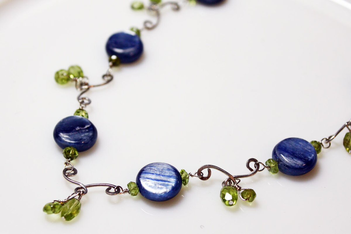 Blue Kyanite and Peridot Sterling Silver Necklace, Blue and Green Gemstone Jewelry Gift for Woman tuppu.net/933eae63 #Etsy #artisanjewelry #giftideas #CapitalCityCrafts #handmadeinUSA #StatementNecklace