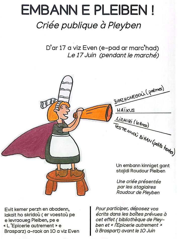 BzhgBroRouzig's tweet photo. 🔥 Intrudu tud ar vro

📰 E marc'had #Pleiben e vo embannet barzhonegoù, lizhiri…

✍ Lakait ho skridoù er boestoù (levraoueg Pleiben, L'épicerie autrement e Brasparz), a-raok an 10/06

Gant stajidi·ezed #Roudour

#brezhoneg #BroRouzig https://t.co/0c93UcCxGN