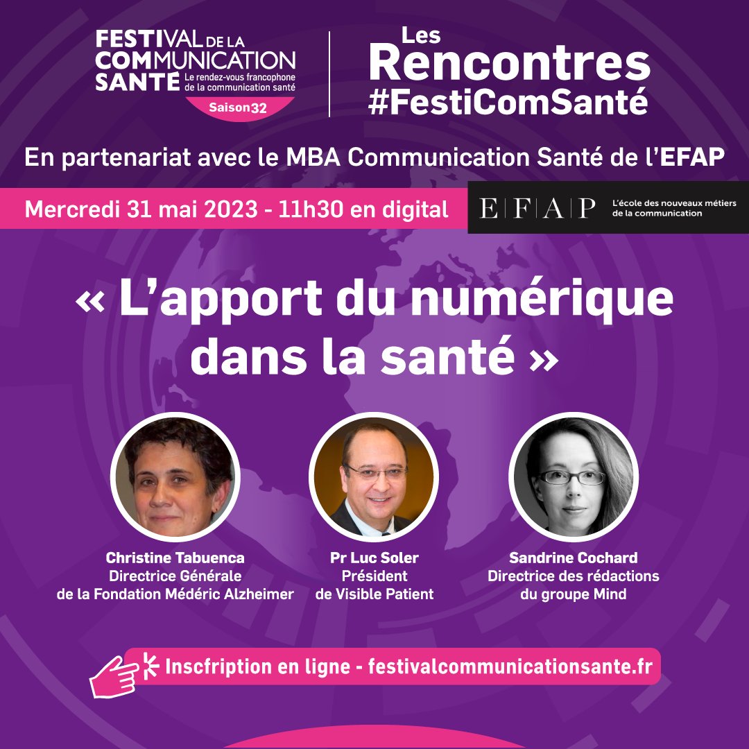 Festival de la Communication Santé (@festicomsante) on Twitter photo RDV à 11h30 Rencontre #FestiComSanté #MBACommunicationSante <a href="/EFAP_/">EFAP</a>
«L’apport du numérique dans la santé»
Avec ✔️<a href="/TabuencaChristi/">Christine Tabuenca</a> <a href="/FondationMedAlz/">Fondation Médéric Alzheimer</a>
<a href="/LucSOLER/">SOLER</a> <a href="/VisiblePatient/">VisiblePatient</a>
<a href="/Sandreene/">Sandrine Cochard</a> <a href="/Groupe_mind/">Groupe mind</a> @DRJUDE__ <a href="/EricPhelippeau/">Eric Phélippeau</a>
A suivre sur festivalcommunicationsante.fr
#hcsmeufr RDV à 11h30 Rencontre #FestiComSanté #MBACommunicationSante <a href="/EFAP_/">EFAP</a>
«L’apport du numérique dans la santé»
Avec ✔️<a href="/TabuencaChristi/">Christine Tabuenca</a> <a href="/FondationMedAlz/">Fondation Médéric Alzheimer</a>
<a href="/LucSOLER/">SOLER</a> <a href="/VisiblePatient/">VisiblePatient</a>
<a href="/Sandreene/">Sandrine Cochard</a> <a href="/Groupe_mind/">Groupe mind</a> @DRJUDE__ <a href="/EricPhelippeau/">Eric Phélippeau</a>
A suivre sur festivalcommunicationsante.fr
#hcsmeufr