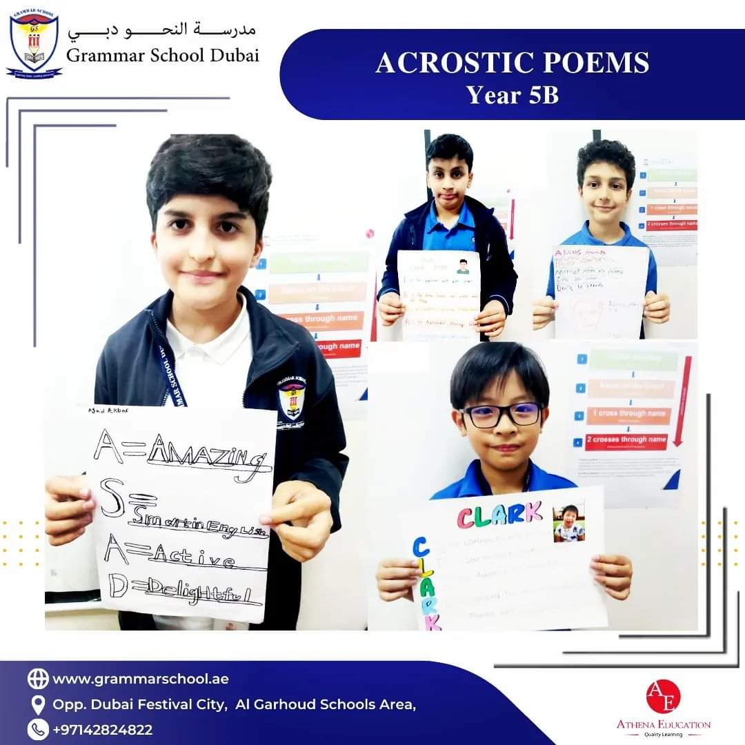 Acrostic poems done in 5B.
#acrostic #poem #students #grammarschooldubai #athenaeducationuae