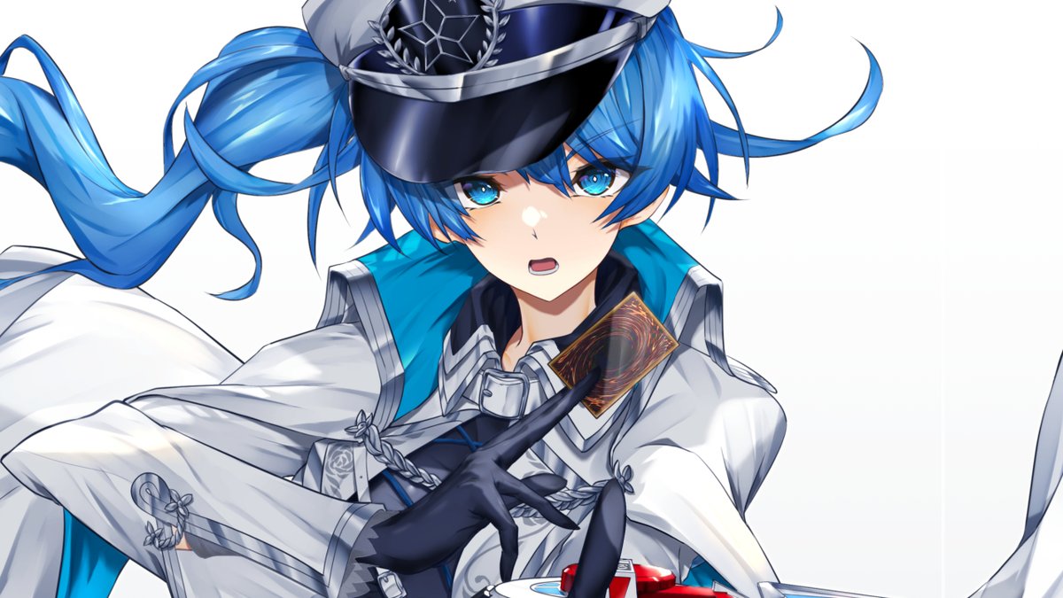 blue hair 1girl blue eyes holding gloves solo hat  illustration images