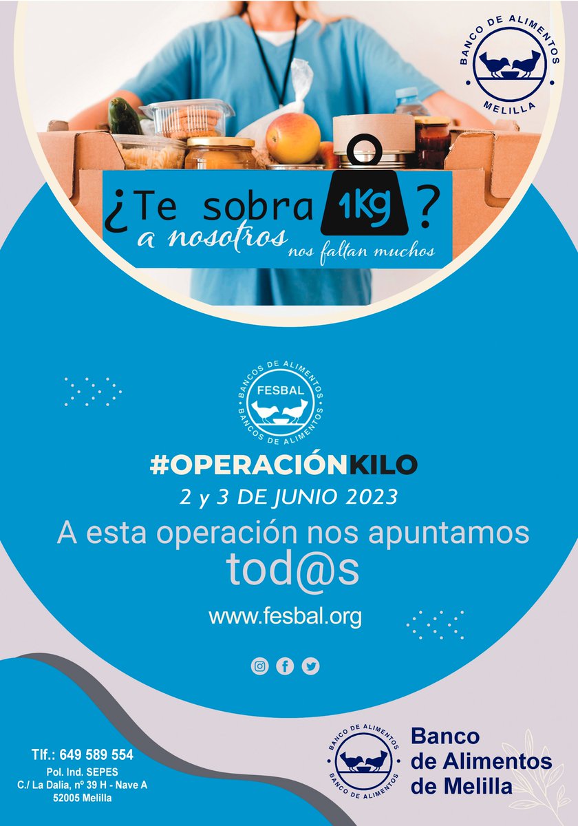 📣¿𝗧𝗲 𝘀𝗼𝗯𝗿𝗲 𝟭 𝗸𝗶𝗹𝗼? 𝗔 𝗻𝗼𝘀𝗼𝘁𝗿𝗼𝘀 𝗻𝗼𝘀 𝗳𝗮𝗹𝘁𝗮𝗻 𝗺𝘂𝗰𝗵𝗼𝘀.
✅El próximo viernes dará comienzo la #operacionkiloprimavera 2023 y más de 100 voluntarios estarán informando en los supermercados sobre las distintas formas de colaborar: