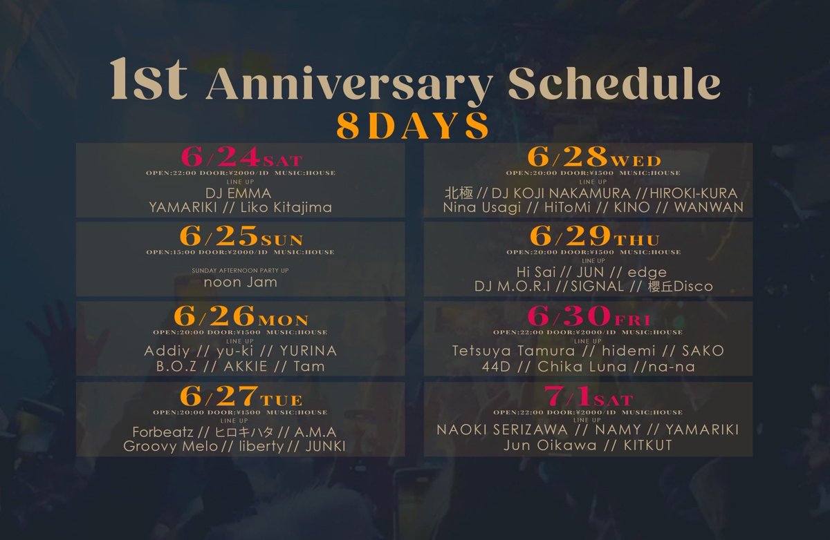 dj_james_zero's tweet photo. ✨ご報告✨

来月末で当店 #BRAND  SHIBUYA 1周年を
迎えることになりました。

この1年間に出演くださったDJの皆様、
そして足を運んでくださいました
クラウドの皆様とたっぷりお祝いさせていただきたいと考えております。

8日間の日程で #1周年 を行いますので、
是非とも遊びにいらしてください。 https://t.co/dpwIOjHIwo