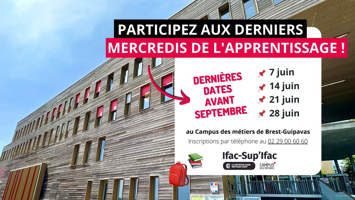 👉 À partir de la semaine prochaine, plus qu’un mois pour participer à nos Mercredis de l’#apprentissage avant les dernières dates de septembre (inscriptions possibles cet été) ! 📅

☎️ Appelez nous pour vous inscrire sur l’une des 4 dates : les 7, 14, 21 ou 28 juin.